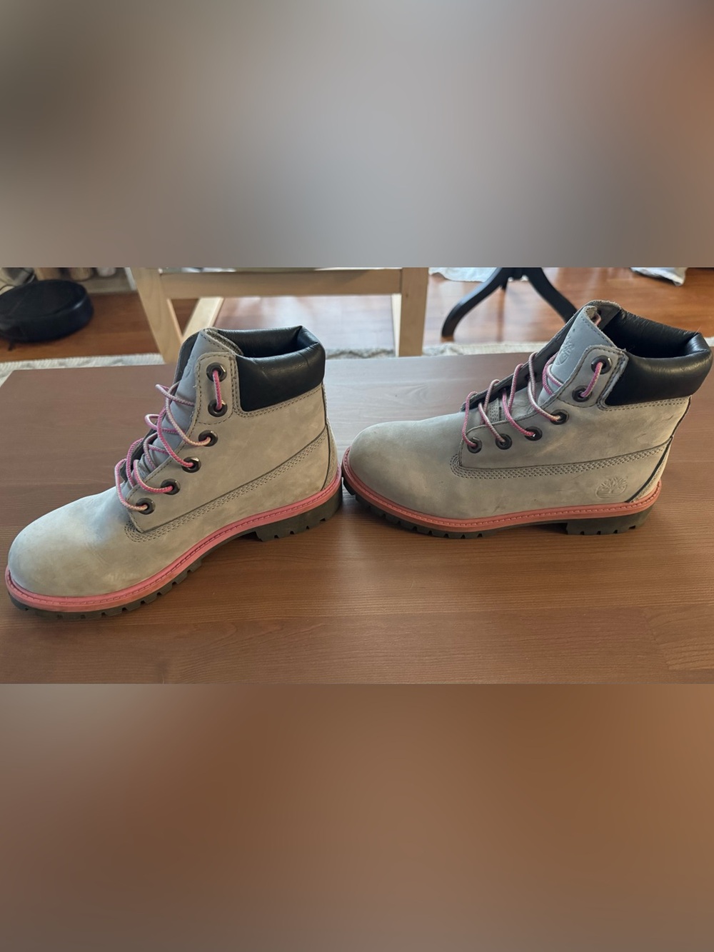 Timberland Gray Leather Lace-Up Timberland Boots with Pink Trim